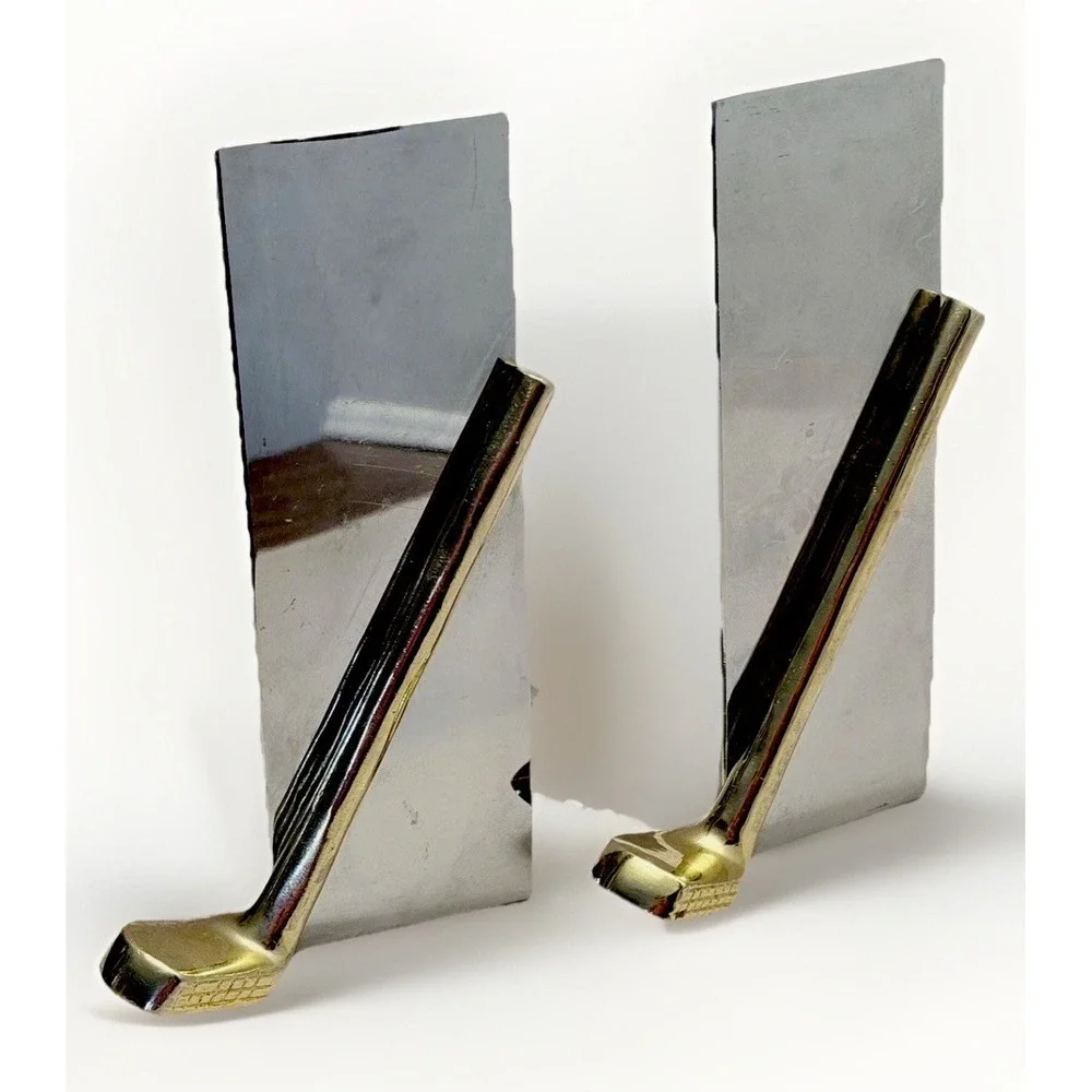 VTG MCM Chrome Golf Club Bookends Office Decor Silver Gold Metal Pair Retro Mod